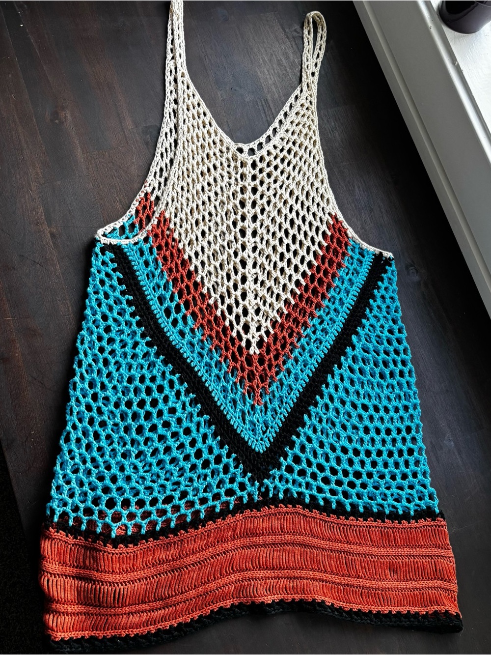 Crochet Mesh Tank Swim Cover-Up in Turquoise, Rust & Cream NWOT